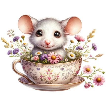 A digitally printed fabric panel featuring a cute mouse sitting inside a teacup, surrounded by floral designs.