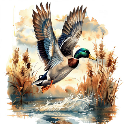 A digitally printed 100% cotton fabric panel featuring a mallard duck in flight with a wetland and reeds in the background.
