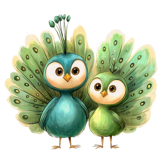 A digitally printed fabric panel featuring two cartoon-style peacocks 