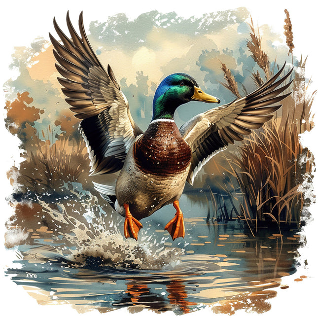 A digitally printed 100% cotton fabric panel featuring a mallard duck with wings spread flapping in a wetland setting.