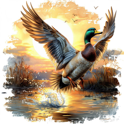 A digitally printed fabric panel featuring a mallard duck in flight over a body of water with grassy reeds and a sunset in the background.