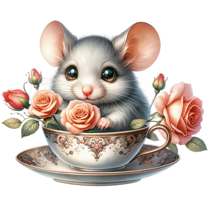A digitally printed fabric panel featuring a cute mouse sitting inside a teacup, surrounded by pink roses.