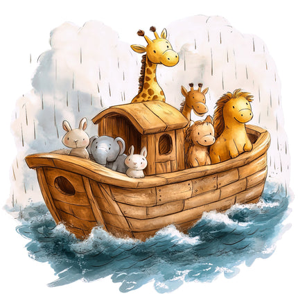A digitally printed 100% cotton fabric panel featuring a children's illustration of Noah's Ark with animals inside, floating on water with a cloudy sky in the background.