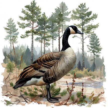 A fabric panel featuring a digitally printed goose in a natural setting with trees and water in the background.