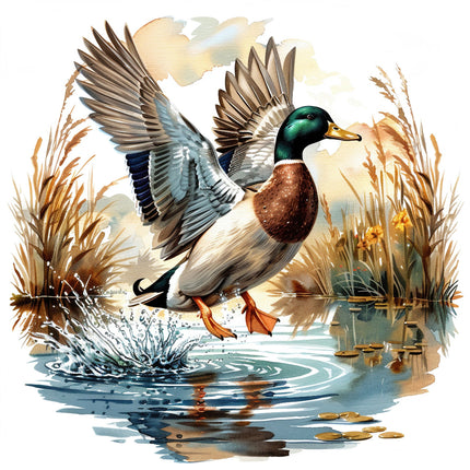 A digitally printed 100% cotton fabric panel featuring a mallard duck in flight with a wetland and reeds background.
