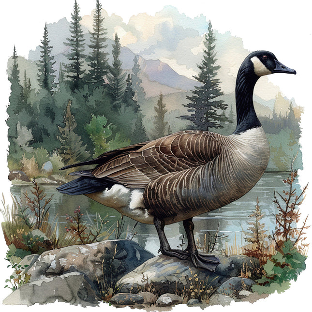 A fabric panel featuring an image of a goose in a natural outdoor setting with trees and water in the background.