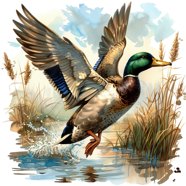 A digitally printed 100% cotton fabric panel featuring a mallard duck in flight with wings outstretched, above a body of water and grassy reeds.