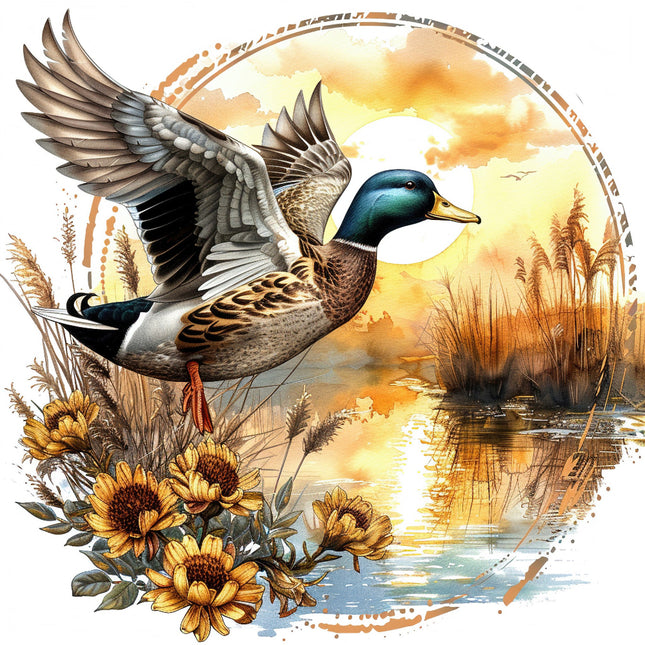 A fabric panel featuring a digitally printed mallard duck in flight above a floral design with a pond and sunset in the background.