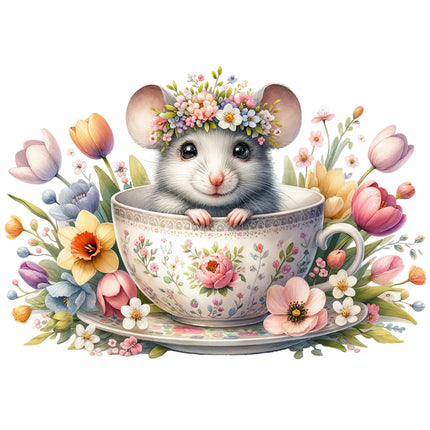 A digital print of a mouse sitting inside a teacup, surrounded by floral designs on the cup and saucer, with additional flowers around the border.