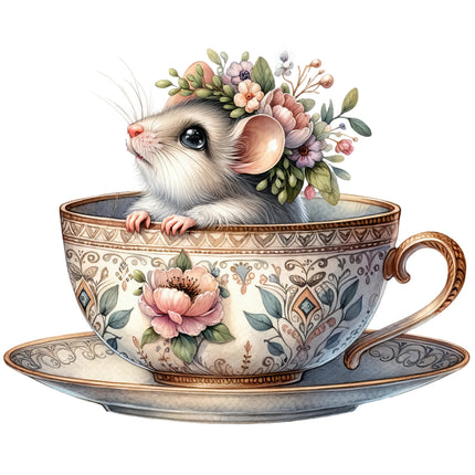 A digital print of a mouse sitting inside a teacup with floral designs on the cup and mouse, representing a fabric panel for quilting and sewing.