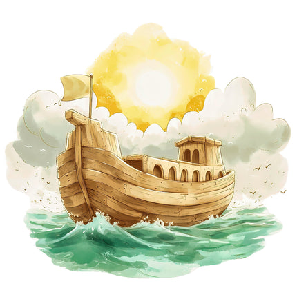 fabric panel of Noah's Ark sailing on the sea with a sunny sky in the background.