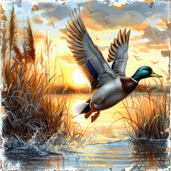 A digitally printed fabric panel featuring a mallard duck in flight over a wetland scene with grasses and water.