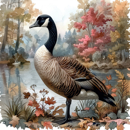 A fabric panel featuring a digitally printed goose standing near a body of water with autumn leaves and trees in the background.