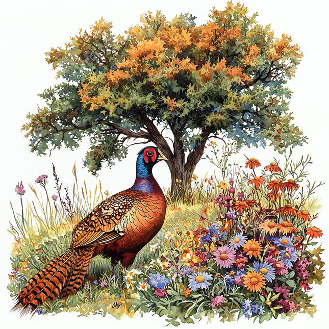 A fabric panel featuring an illustration of a pheasant standing in a field with colorful flowers and a tree in the background.