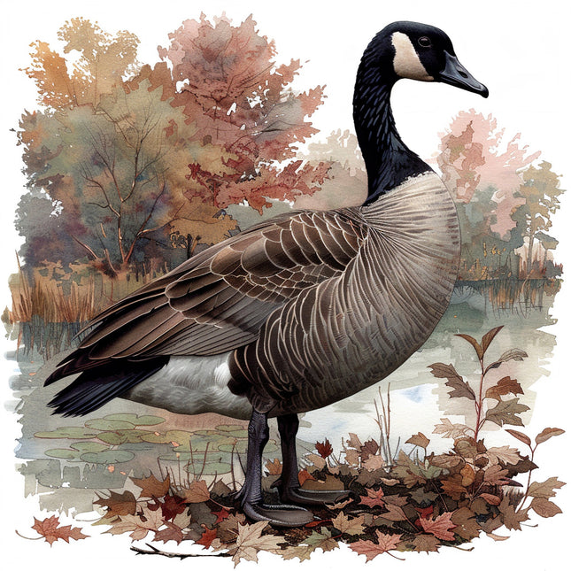 A digitally printed 100% cotton fabric panel featuring a realistic goose in front of an autumnal landscape with trees and a body of water.