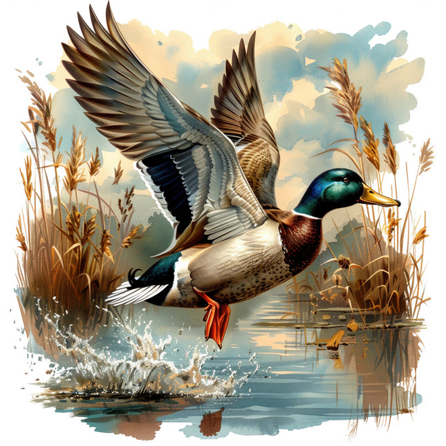 mallard duck flying over water fabric panel