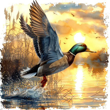 A digitally printed 100% cotton fabric panel featuring a mallard duck in flight with a sunset