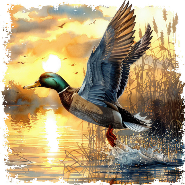 mallard duck flying over water with a sunset fabric panel