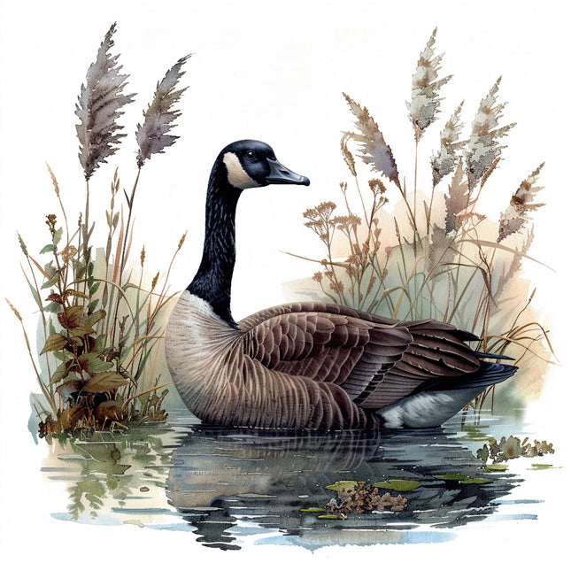 A fabric panel featuring a digitally printed goose sitting in water surrounded by grasses.