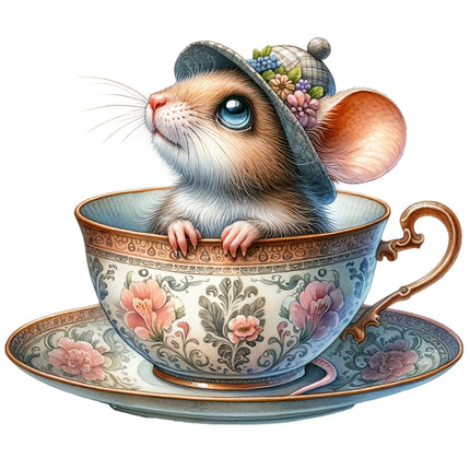 A digitally printed fabric panel featuring a cartoon-style mouse sitting in a teacup 