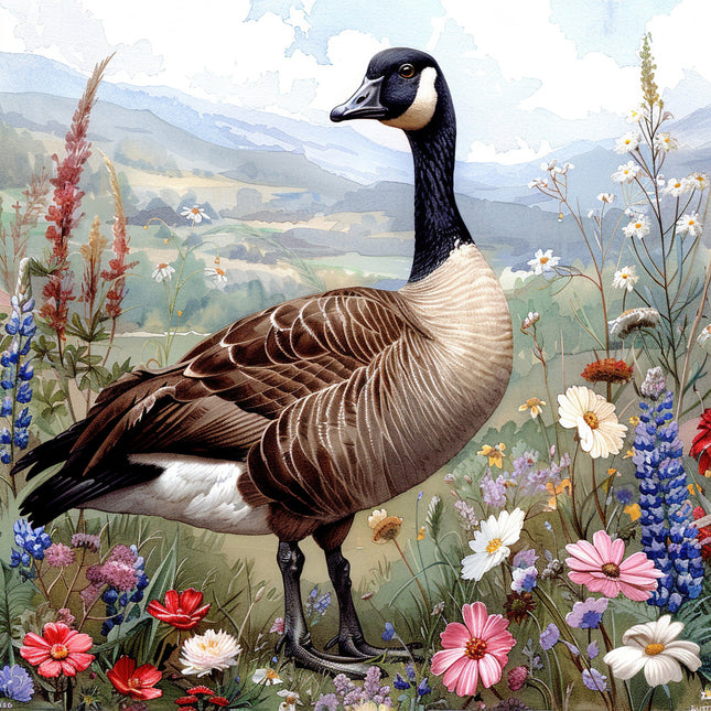 A fabric panel featuring a central image of a goose surrounded by a floral design with a landscape in the background.