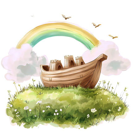 A digitally printed 100% cotton fabric panel featuring a quilt block design with Noah's Ark, birds, and a rainbow.
