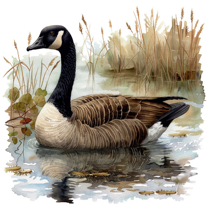 A digitally printed 100% cotton fabric panel featuring a goose sitting in water with grassy background.