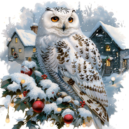 A digitally printed 100% cotton fabric panel featuring a white snow owl perched on a branch with holly berries, with a snowy village backdrop.