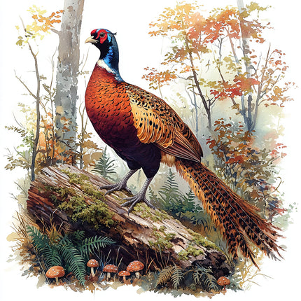 A fabric panel featuring a digitally printed pheasant in a forest setting.