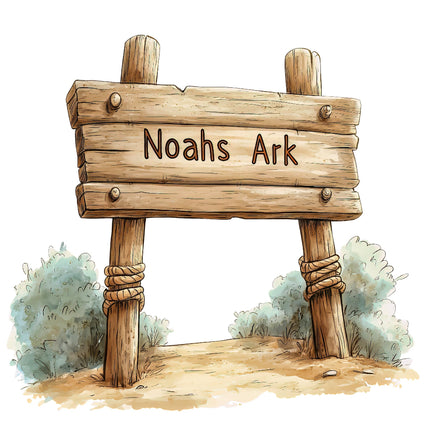 Illustration of a wooden sign with the text 'Noah's Ark' written on it, set against a outdoor-like background with bushes.