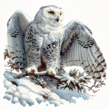 A digitally printed 100% cotton fabric panel featuring a snow owl perched on a snowy branch.