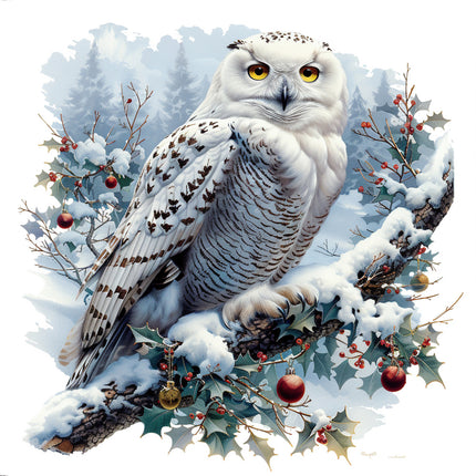 White owl perched on a branch with snow and berries fabric panel