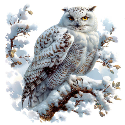 White owl with brown spots perched on a branch with snow and leaves fabric panel