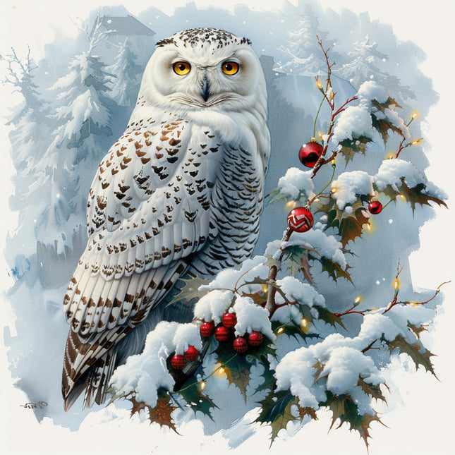 Snowy owl perched on a branch with snow-covered trees and red berries fabric panel