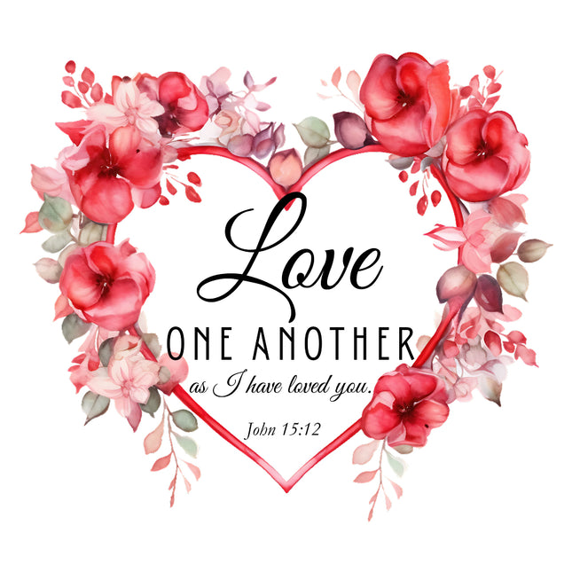 A fabric panel block with a floral heart design and the text 'Love one another as I have loved you. John 15:12'.