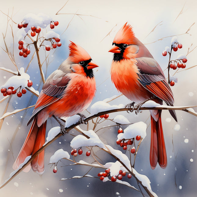 A digitally printed 100% cotton fabric panel featuring two cardinals perched on a branch with snow and berries.