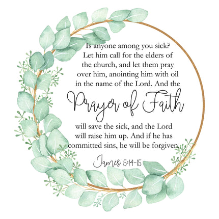 A fabric panel featuring a printed scripture verse from James 5:14-15, surrounded by a green leafy border.