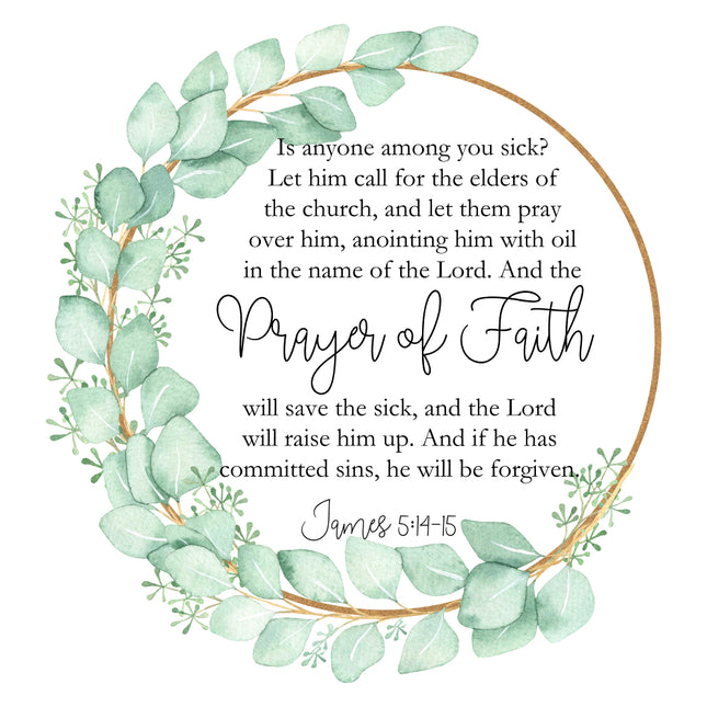 A fabric panel featuring a printed scripture verse from James 5:14-15, surrounded by a green leafy border.