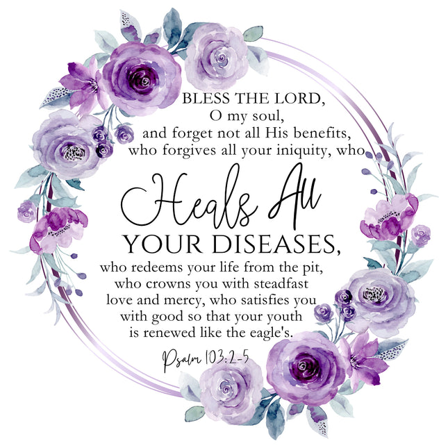 A fabric panel featuring a quote from Psalm 103:2-5 about healing diseases, surrounded by a floral pattern in purple tones.
