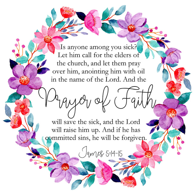 A fabric panel featuring a floral design with a quote from James 5:14-15 about prayer and sickness.