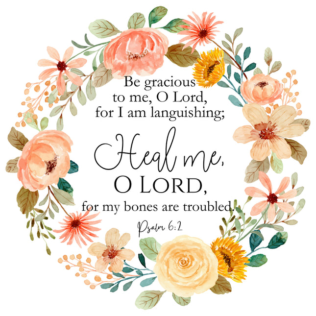 A fabric panel featuring a floral design with a quote from Psalm 6:2, 'Be gracious to me, O Lord, for I am languishing; Heal me, O Lord, for my bones are troubled.'.