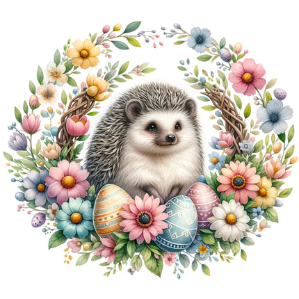 A fabric panel featuring a digital print of a hedgehog surrounded by colorful flowers and Easter eggs.