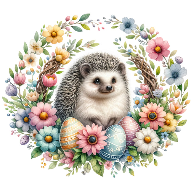 A fabric panel featuring a digital print of a hedgehog surrounded by colorful flowers and Easter eggs.