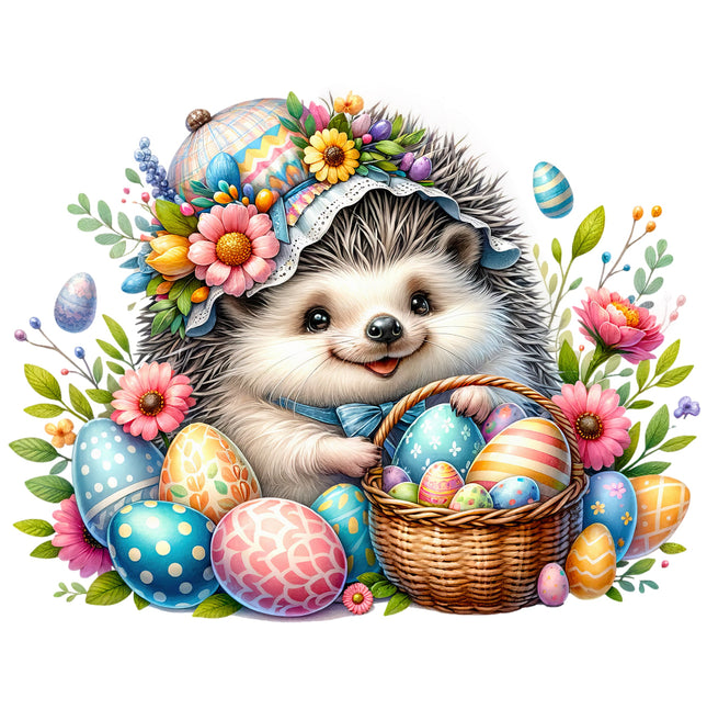 A fabric panel featuring a digitally printed design with a hedgehog, Easter eggs, and flowers