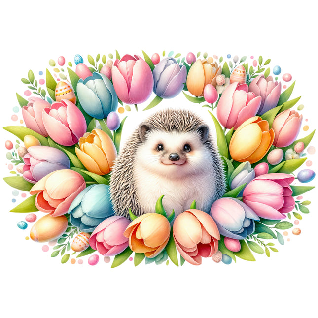 A fabric panel featuring a digitally printed design with a hedgehog surrounded by colorful tulips.