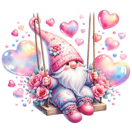 A digitally printed 100% cotton fabric panel featuring a whimsical gnome sitting on a swing with a background of multicolored hearts and flowers.