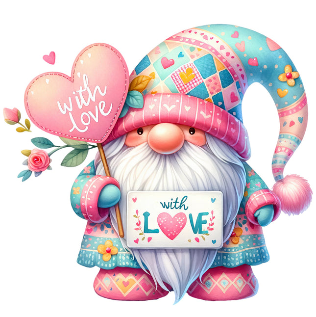 A colorful fabric panel featuring a quilt block with a gnome holding a heart