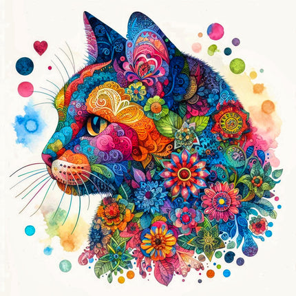 A colorful fabric panel featuring a floral cat design with a variety of flowers and leaves in vibrant hues.