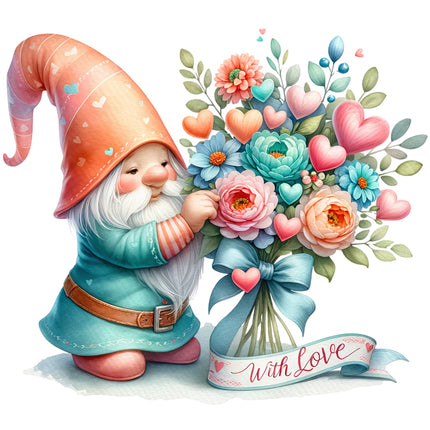 A digitally printed fabric panel featuring a cute gnome holding a bouquet of flowers 
