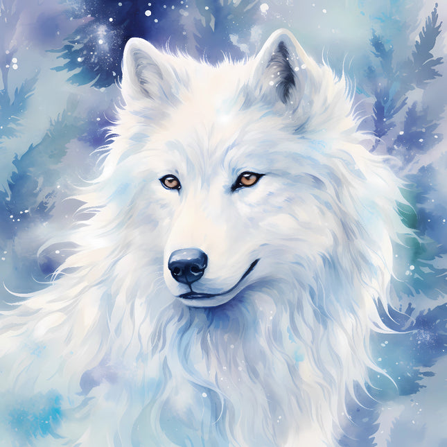 A digitally printed fabric panel featuring a white wolf with blue and white hues against a snowy background with stars.